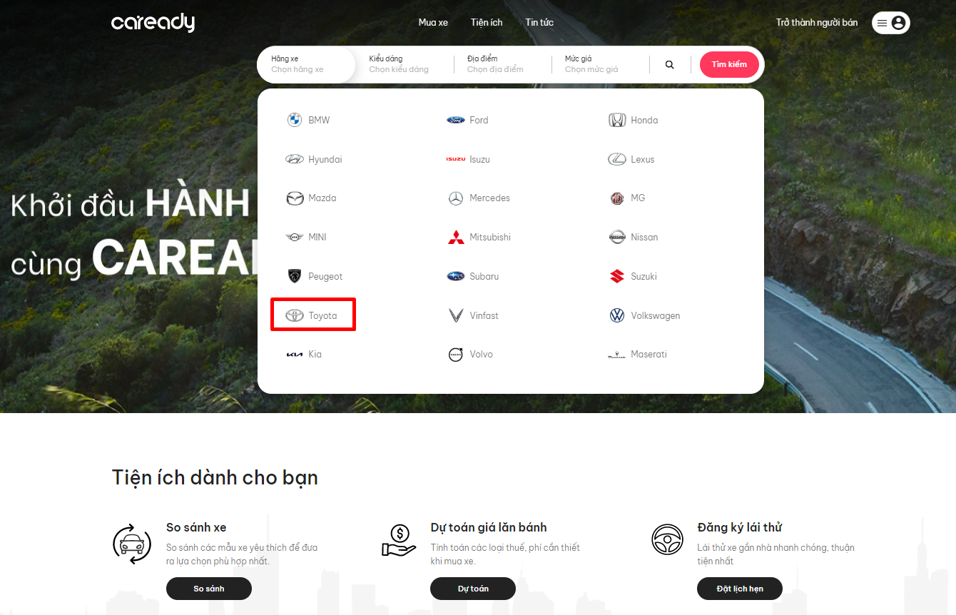 Chọn hãng Toyota tại Trang chủ và nhấn 