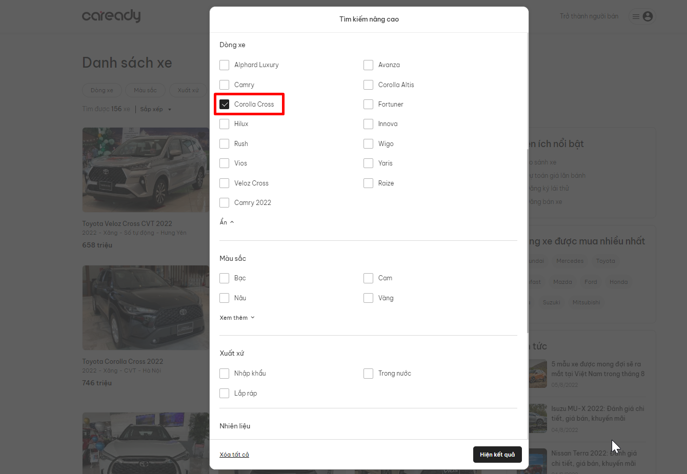 Tại Trang danh sách xe Toyota chọn dòng xe Corolla Cross