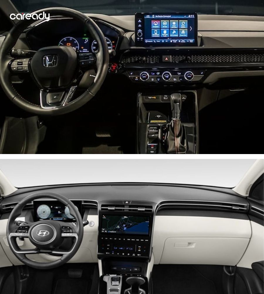 Khoang lái trên CR-V và Tucson được bố trí gọn gàng, nhiều tiện ích